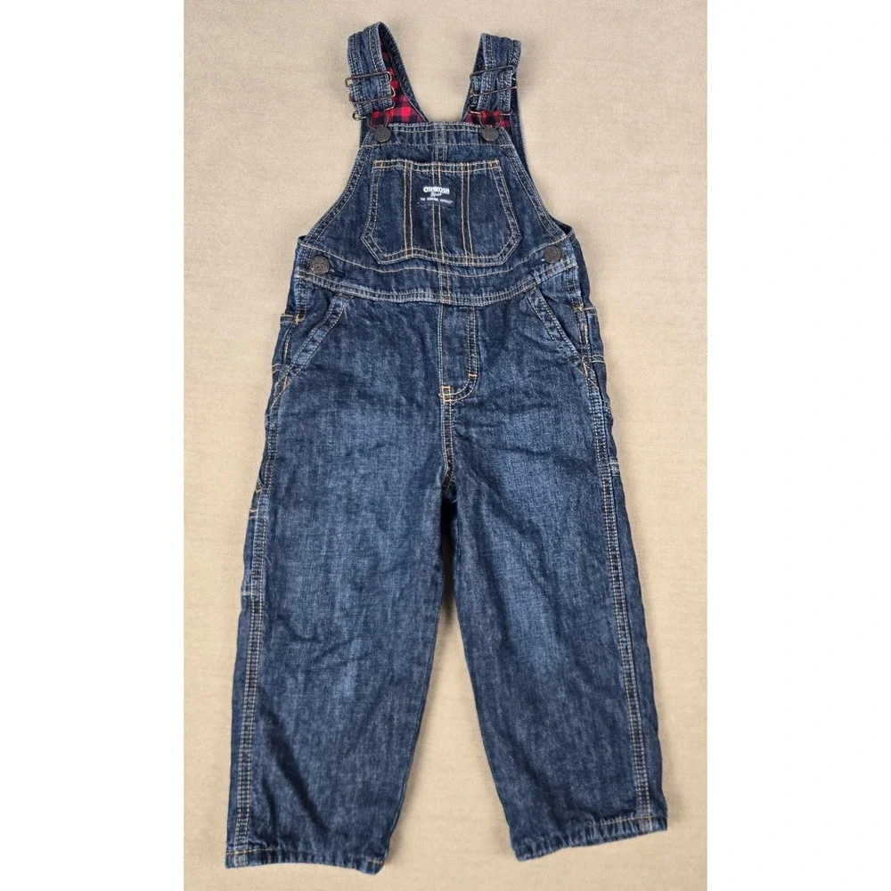 OshKosh B'gosh Toddler 3T Red Buffalo Plaid Flannel Lined Denim Overalls Dark